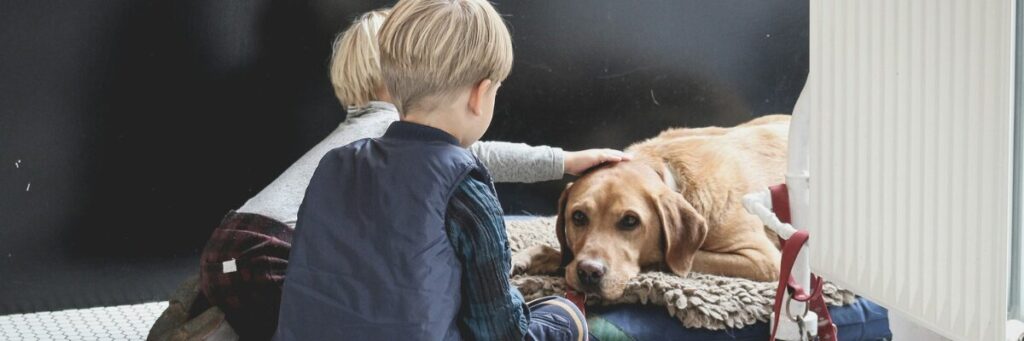 1匹の犬をなでている白人の子どもたち2人